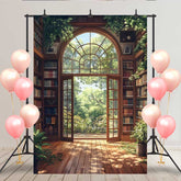 Lofaris Sunny Bookshelf Library Backdrop, Open Glass Door to Lush Green Garden for Spring Portrait