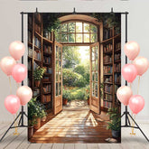 Lofaris Warm Sunlight Library Backdrop, Open Door to Blooming Flower Garden for Romantic Portrait