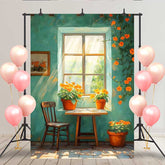 Lofaris Artistic Teal Wall Window Backdrop, Orange Flowers and Wooden Chair for Vintage Studio