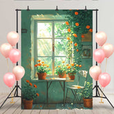 Lofaris Simple Green Window Backdrop, Potted Orange Flowers and White Chair for Spring Portrait