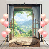 Lofaris Japanese Zen Room Backdrop, Round Rug and Open Window with Lush Green Mountain View