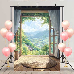 Lofaris Japanese Zen Room Backdrop, Round Rug and Open Window with Lush Green Mountain View