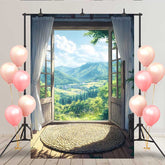 Lofaris Mountain View Balcony Backdrop, Woven Rug and Open Door to Sunny Green Valley Village