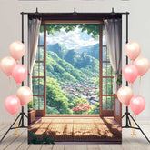 Lofaris Japanese Style Interior Backdrop, Tatami Rug and Sliding Door to Vibrant Green Mountains