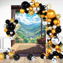 Lofaris Mountain Valley Terrace Backdrop, Rectangular Woven Mat and Scenic View of Forest Village