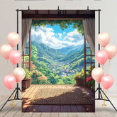 Lofaris Mountain Valley Terrace Backdrop, Rectangular Woven Mat and Scenic View of Forest Village