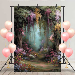 Lofaris Secret Forest Garden Backdrop, Hanging Floral Vine and Colorful Flower Path for Spring