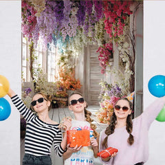 Lofaris Bright Floral Hallway Backdrop, Hanging Colorful Flowers and White Wood Floor for Party