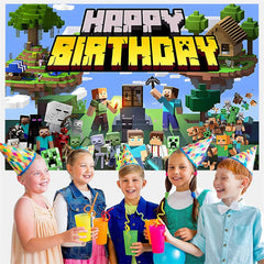 Lofaris Game Theme Pixel Cartoon Birthday Backdrop for Boy