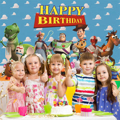 Lofaris Blue Cartoon Story Happy Birthday Party Backdrop