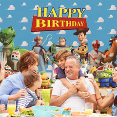 Lofaris Blue Cartoon Story Happy Birthday Party Backdrop