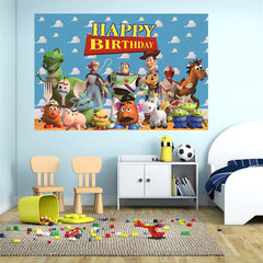Lofaris Blue Cartoon Story Happy Birthday Party Backdrop