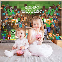 Lofaris Green Pixel Happy Birthday Party Backdrop