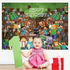 Lofaris Green Pixel Happy Birthday Party Backdrop