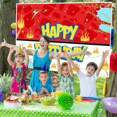 Lofaris Red Flame Cartoon Happy Birthday Party Backdrop