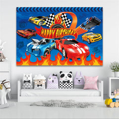 Lofaris Wheels Blue Hot Birthday Party Backdrop for Boy