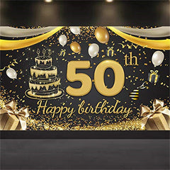 Lofaris Happy 50th Birthday Black Glod Party Backdrop