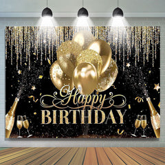 Lofaris Black Gold Balloon Star Happy Birthday Backdrop
