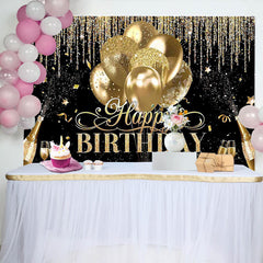 Lofaris Black Gold Balloon Star Happy Birthday Backdrop
