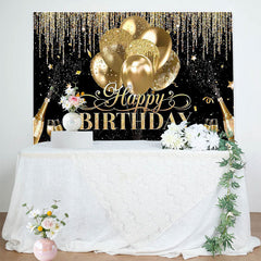 Lofaris Black Gold Balloon Star Happy Birthday Backdrop