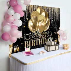 Lofaris Black Gold Balloon Star Happy Birthday Backdrop