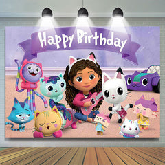 Lofaris Pink Cat Dollhouse Girl Happy Birthday Backdrop