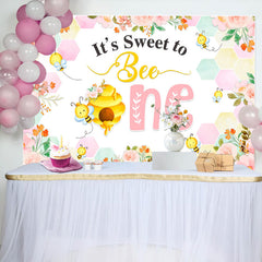 Lofaris Pink Floral Sweet Bee One Girls Birthday Backdrop