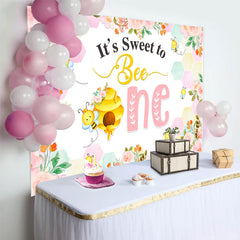 Lofaris Pink Floral Sweet Bee One Girls Birthday Backdrop