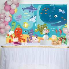 Lofaris Ocean Shark Blue Birthday Backdrop for Kids