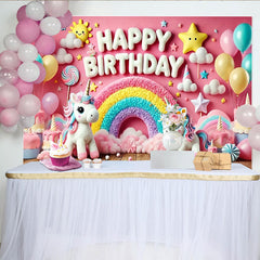 Lofaris Sweet Pink Unicorn Happy Birthday Backdrop for Girl