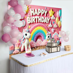 Lofaris Sweet Pink Unicorn Happy Birthday Backdrop for Girl