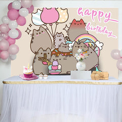 Lofaris Cartoon Cat Happy Birthday Celebration Backdrop