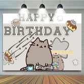 Lofaris Grey Cute Cat Happy Birthday Backdrop for Kids