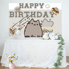 Lofaris Grey Cute Cat Happy Birthday Backdrop for Kids