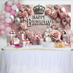 Lofaris Pink Rose Silber Crown Birthday Party Backdrop