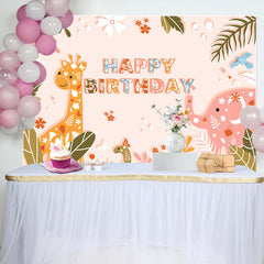 Jungle Leaf Animals Floral Happy Birthday Backdrop