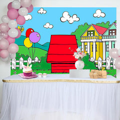 Lofaris Cartoon Green Grass Red House Birthday Backdrop