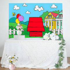 Lofaris Cartoon Green Grass Red House Birthday Backdrop