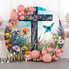Floral Field Butterfly Cross Round Easter Backdrop
