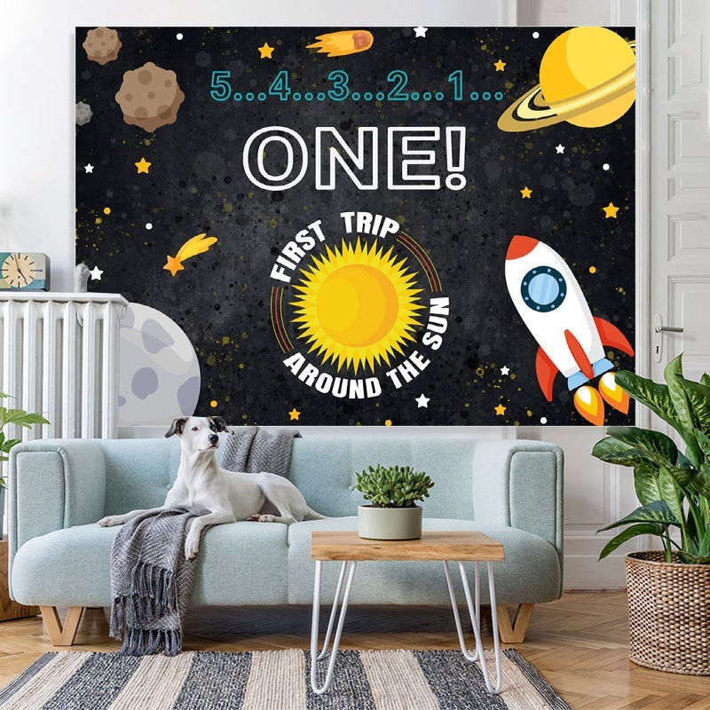 Lofaris 1st Birthday Cartoon Outer Space Backdrop for Boy