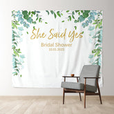 Personalized She Said Yes Eucalyptus Leaves Bridal Shower Backdrop