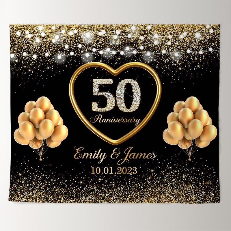 Lofaris 50th Anniversary Gold Glitter Balloon Black Backdrop for Wedding