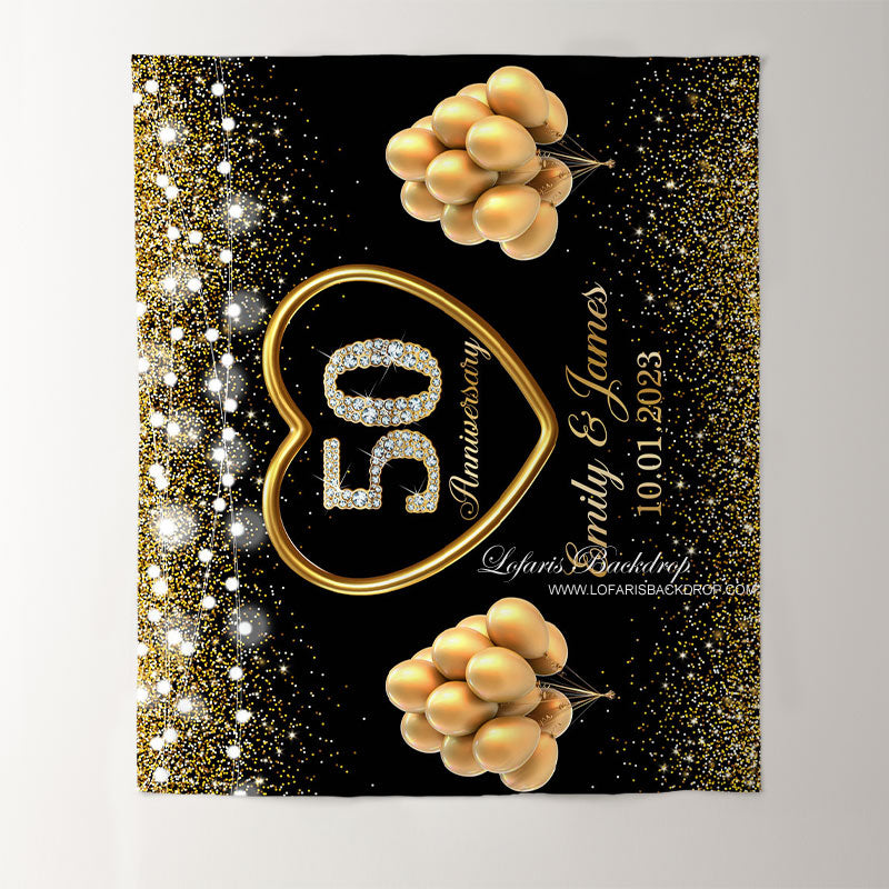Lofaris 50th Anniversary Gold Glitter Balloon Black Backdrop for Wedding