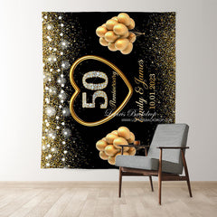 Lofaris 50th Anniversary Gold Glitter Balloon Black Backdrop for Wedding
