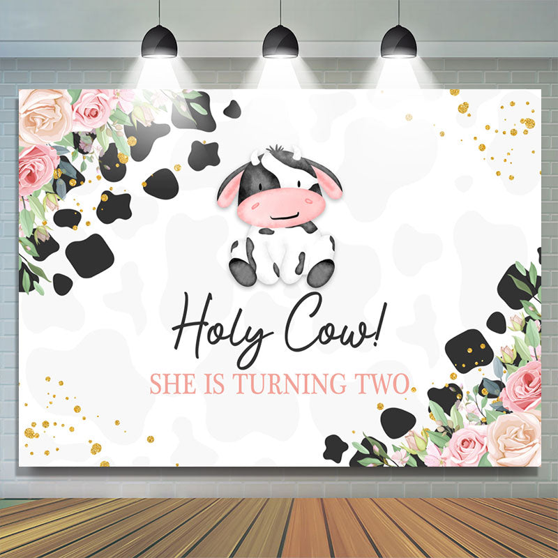 Lofaris Floral Holy Cow Happy 2nd Birthday Backdrop For Girl