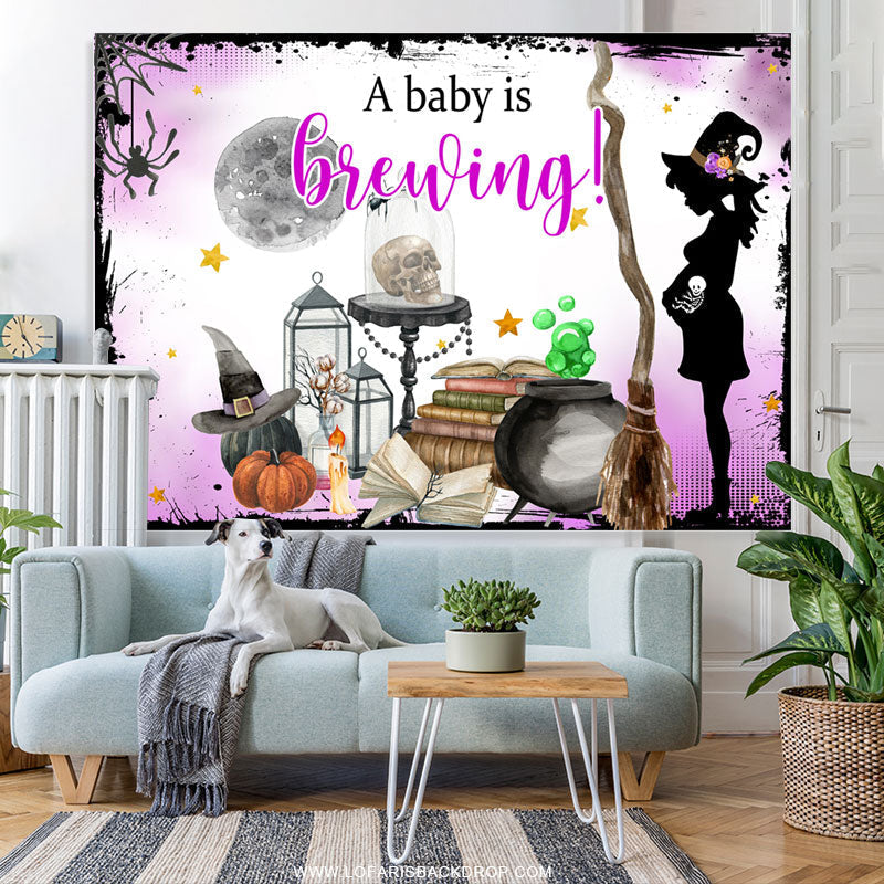 Lofaris A Baby Is Brewing Light Purple Halloween Theme Backdrop