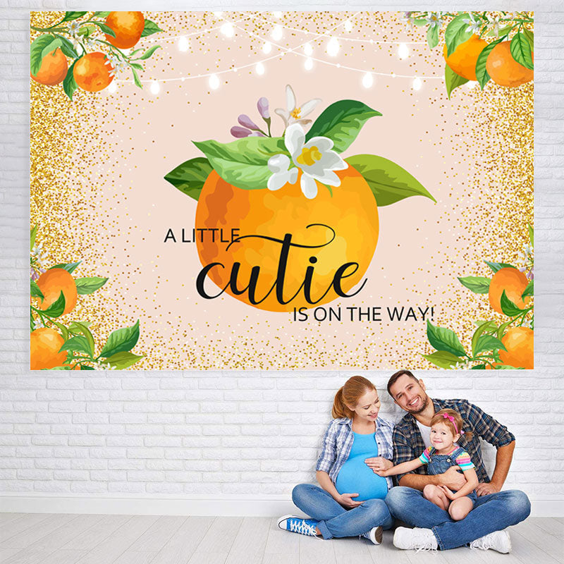 Lofaris Floral And Orange Golden Glitter Baby Shower Backdrop