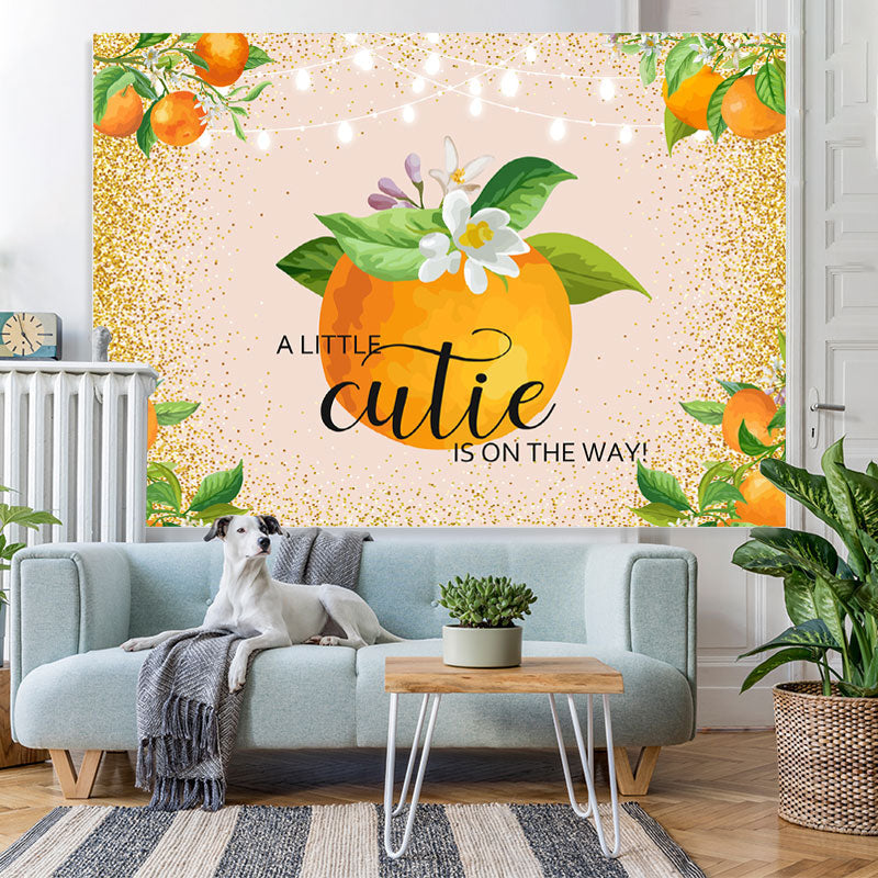 Lofaris Floral And Orange Golden Glitter Baby Shower Backdrop