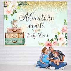 Lofaris Adventure Awaits Floral And Map Baby Shower Backdrop