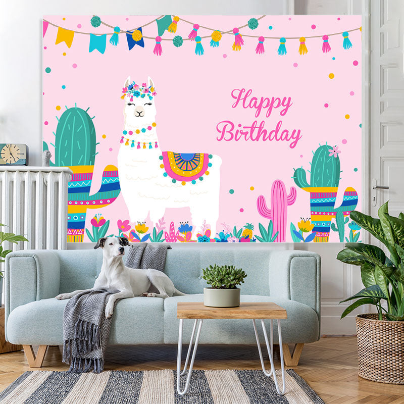 Lofaris Alpaca And Cactus Girls Pink Happy Birthday Backdrop